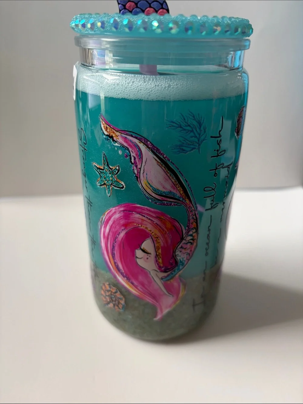 Mermaid 16 oz Beach Shimmer Tumbler w/ Jeweled Lid & Topper